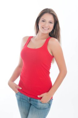 Kot pantolonlu çekici bir kadın.