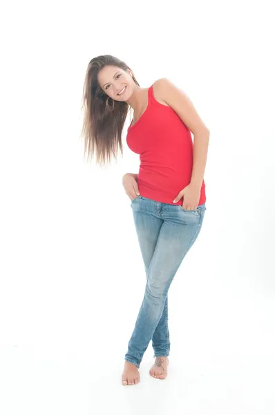 Atrakcyjna Kobieta Koszulce Dżinsami — Zdjęcie stockowe