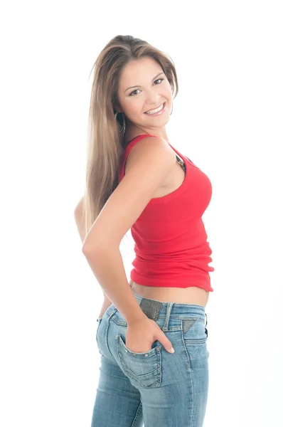 Mulher Atraente Topo Tanque Com Jeans — Fotografia de Stock