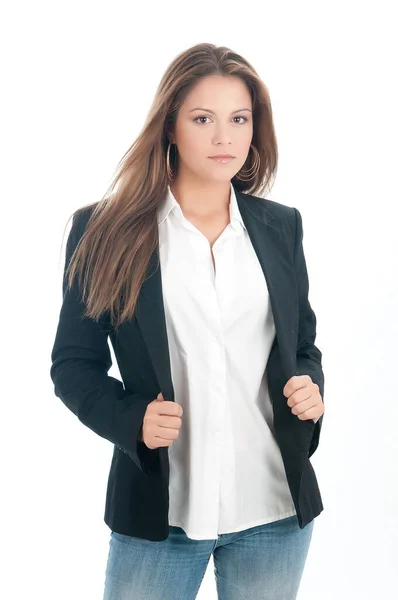 Mulher Jovem Promotor Mulher Negócios Casaco Preto Fundo Branco — Fotografia de Stock