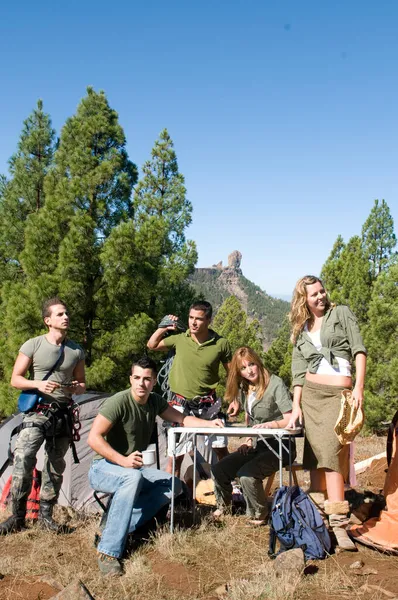 Group Hikers Huts Pines — Stock Photo, Image