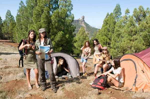 Grupo Excursionistas Sus Chozas Entre Los Pinos — Foto de Stock