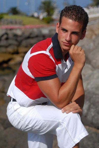 Young Man Sailor Look Coastal Area Sailboats — Fotografia de Stock