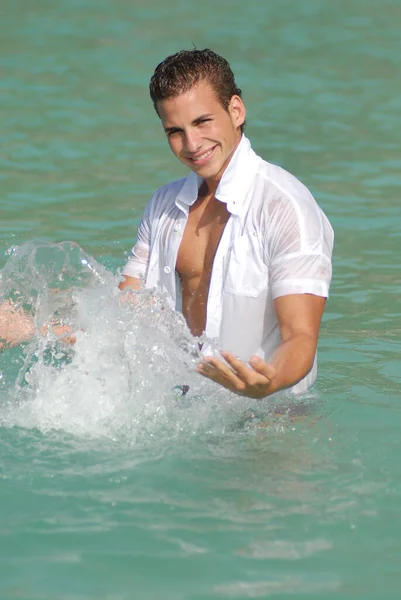 Young Man Taking Bath Sea Water — Stockfoto