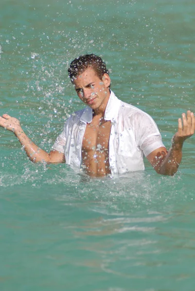 Young Man Taking Bath Sea Water — Stockfoto