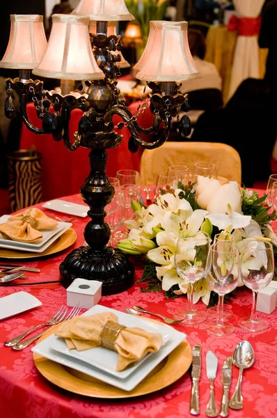 Luxurious Table Set Celebration Wedding Event Glassware Cutlery — Zdjęcie stockowe