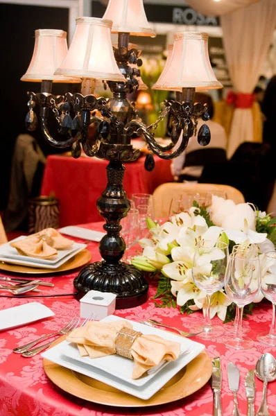 Luxurious Table Set Celebration Wedding Event Glassware Cutlery — Zdjęcie stockowe