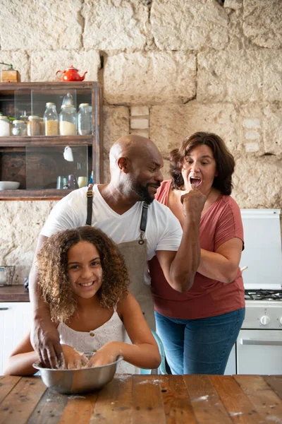 African American Family Having Fun Home Kitchen While Cooking Cake — Stock Photo, Image