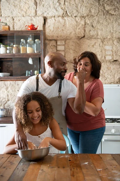 African American Family Having Fun Home Kitchen While Cooking Cake — Stock Photo, Image