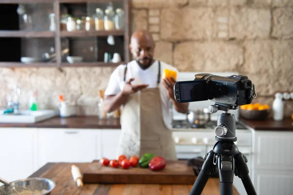 African American Man Her Home Kitchen Broadcasting His Internet Channel — Stock Photo, Image