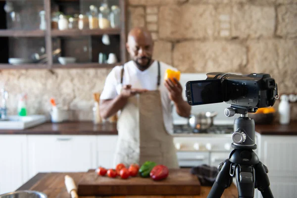 African American Man Her Home Kitchen Broadcasting His Internet Channel — Stock Photo, Image