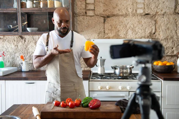 African American Man Her Home Kitchen Broadcasting His Internet Channel — Stock Photo, Image