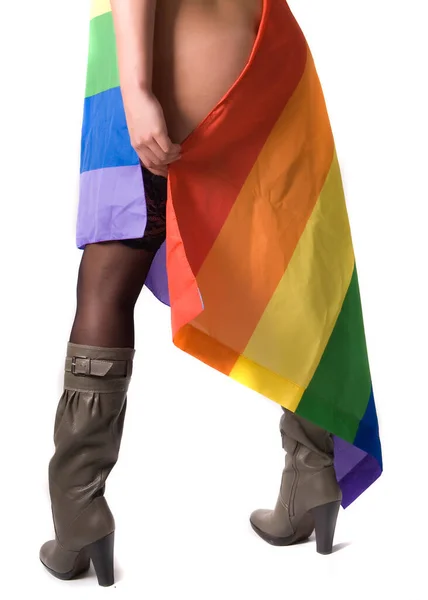 Pernas Mulher Envolto Gay Arco Íris Bandeira — Fotografia de Stock