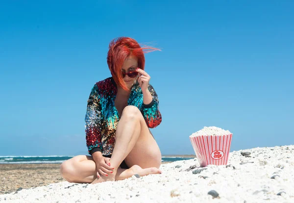 Woman Sun Sand Popcorn Beach Fuerteventura — Photo