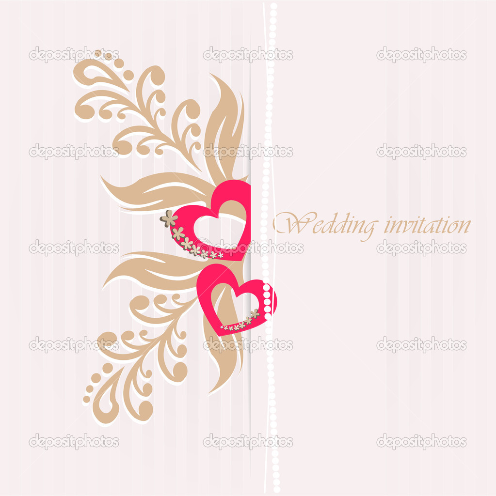 Wedding invitation card with decorative hearts.