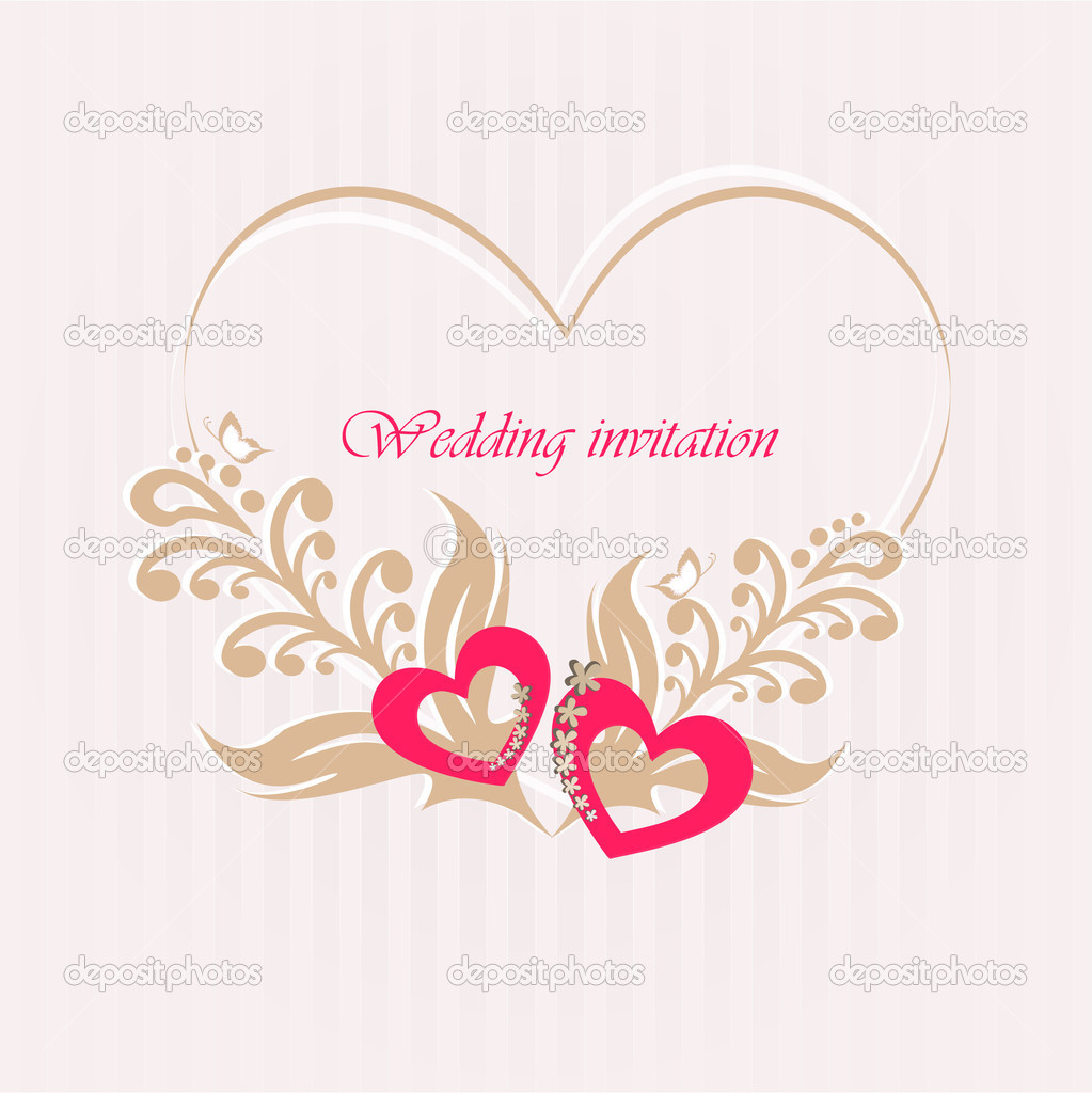Wedding invitation card with decorative hearts.