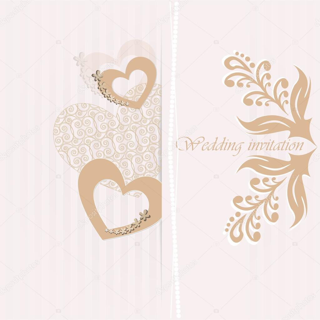 Wedding invitation card with decorative hearts.