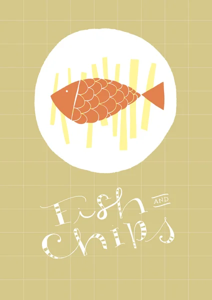Peixe e batatas fritas texto desenhado à mão e ilustração —  Vetores de Stock