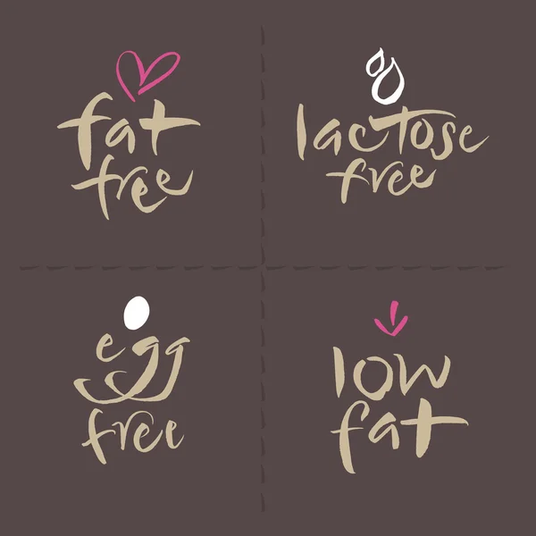 Set di loghi per etichette alimentari vettoriali scritti a mano - lattosio grasso d'uovo Vettoriale Stock