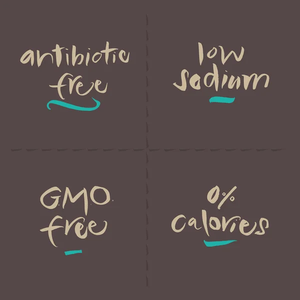 Etiquetas de alimentos vectoriales escritas a mano - Calorías de OGM de sodio antibiótico Vectores de stock libres de derechos