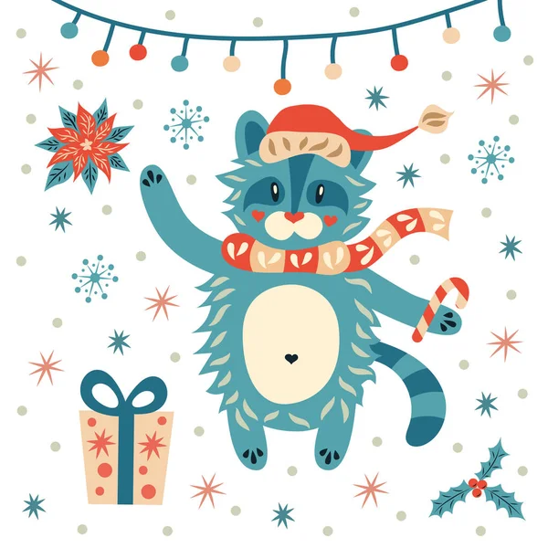 성탄절에 등장하는 라쿤은 선물, 포인세티아, 구멍 이 있는 산타 모자를 쓴다. 새해 복 많이 받아. 동물 벡터 일러스트. — 스톡 벡터