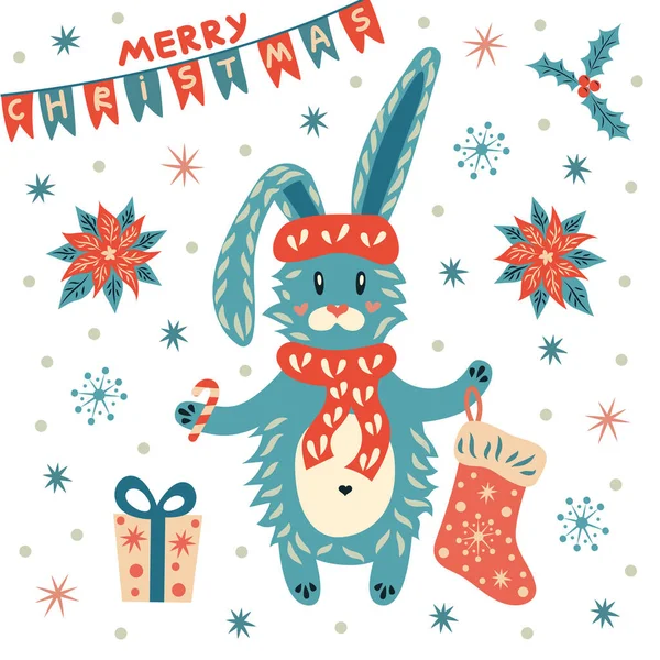Um coelho bonito com uma meia de presente de Natal e uma bengala de doces. Decoração de Ano Novo. — Vetor de Stock