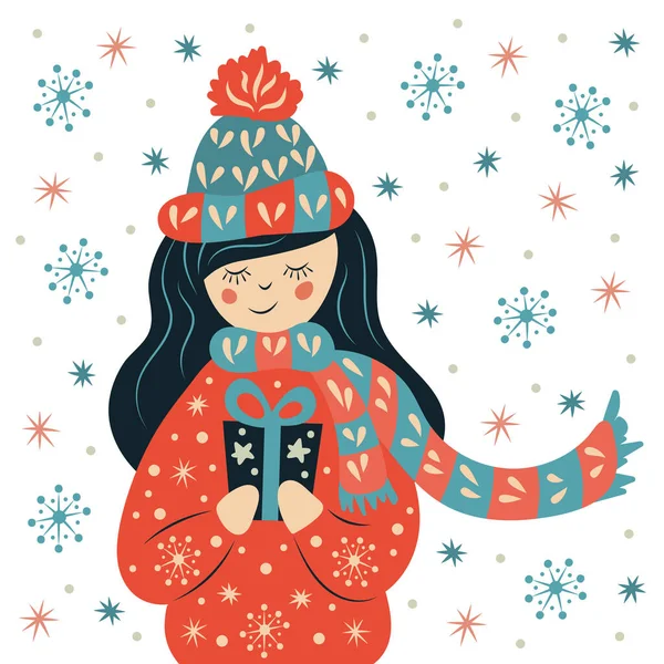 Gadis Dengan Hadiah Natal Tangannya Ilustrasi Vektor Festival Musim Dingin - Stok Vektor