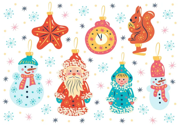 Ustaw Sowieckie Noworoczne Zabawki Dekoracje Świąteczne Ded Moroz Snegurochka Bałwany — Wektor stockowy