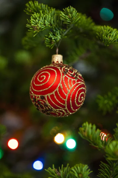 Rode Kerstmis ball op firtree — Stockfoto