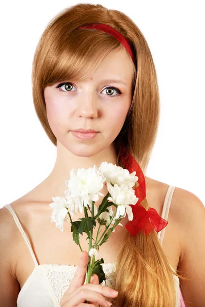 Femme avec des fleurs sur fond blanc isolé — Photo