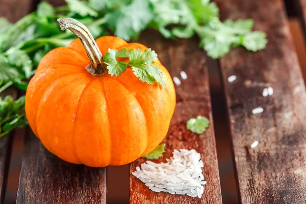 Calabaza amarilla con hojas verdes y arroz — Foto de Stock