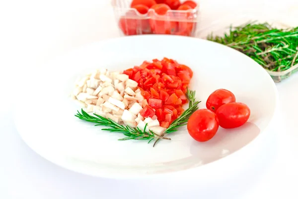 Tomato and mushroom on plate in the shape of heart — Stock Photo, Image