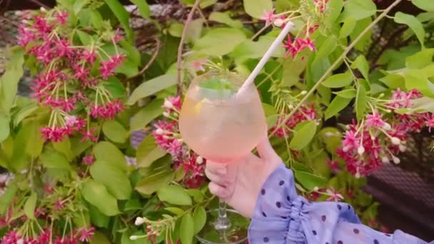 Vrouw Hand Holding Glass met Tropische Cocktail met roze bloemen op achtergrond — Stockvideo