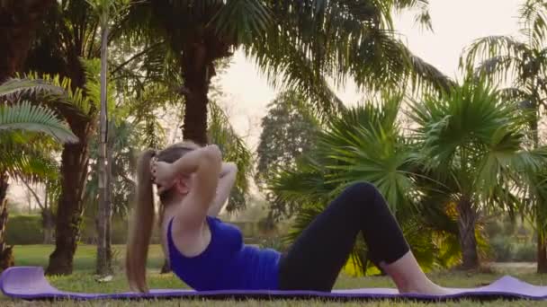 Beginnen Fitness Vrouw Proberen om ABS Oefening op Yoga Mat in Natuur te maken — Stockvideo