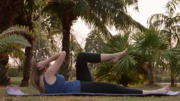 Beginnend Lächelnd Frau Pumpt Abs Übung Auf Yogamatte Öffentlichen Park — Stockvideo