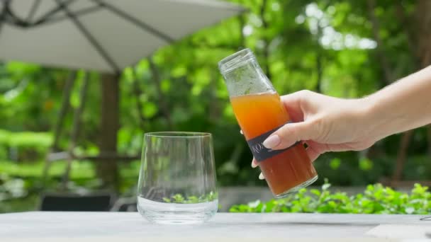 Woman hand pours kombucha drink, fermented tea from glass bottle to glass — Stock Video