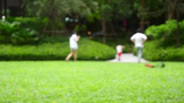 快乐的家庭，妈妈，爸爸和孩子散步，一起玩耍后离开公园 — 图库视频影像