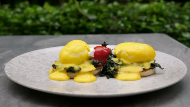 Hälsosam mat. Läcker frukost med ägg Benedict, rostade engelska muffins — Stockvideo