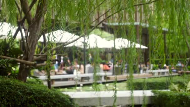 户外餐馆、绿树成荫的戴护肤面罩的人 — 图库视频影像
