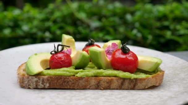 En hälsosam frukost. Skivad avokado på fullkornsbröd med läcker guacamole — Stockvideo