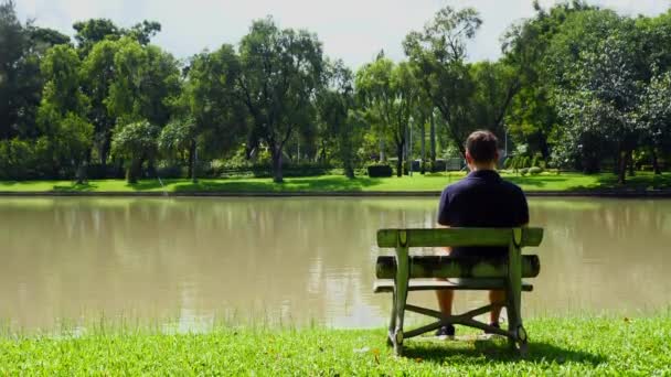 Vue arrière du triste homme malheureux réfléchi assis seul sur un banc près du lac — Video