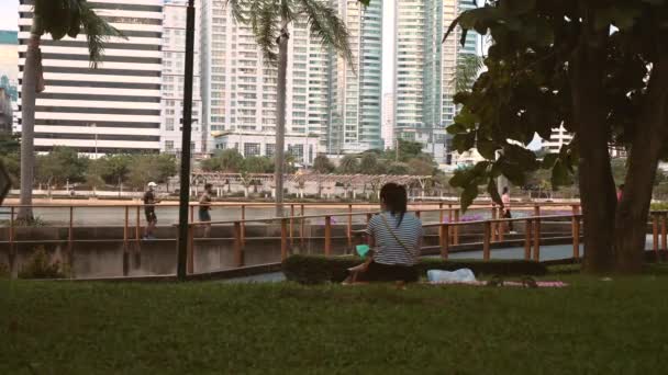 Vista posteriore della donna sul picnic, seduto sul tappeto sul prato di erba verde nel parco della città — Video Stock