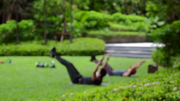 Дівчина робить абсцесні вправи з особистим тренером у парку, накачуючи м'язи живота — стокове відео