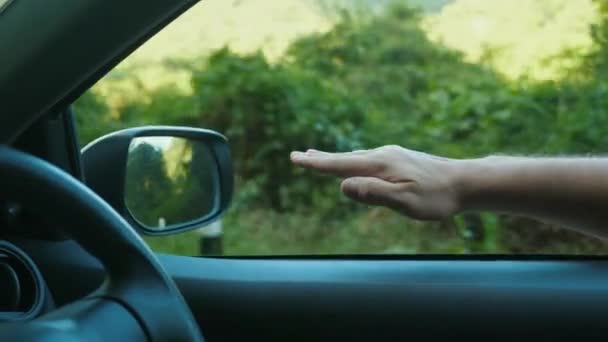 Video de joven viajero gratis reparte y atrapa el viento viajando en coche — Vídeos de Stock