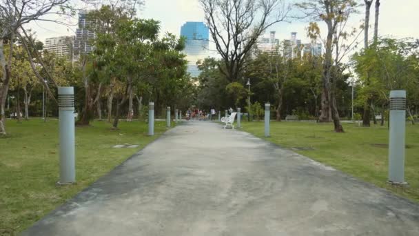 Nyilvános park zöld fákkal, padokkal és sétáló népekkel modern felhőkarcolóval — Stock videók