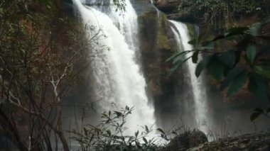 Su şelalesinin akan tropik manzarası. Yeşillikler arasında orman kayaları