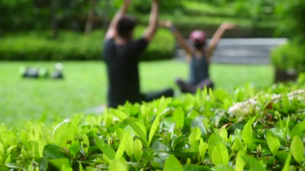 Blurred asian couple warm up before fitness training in outdoor public city park — Stock Video