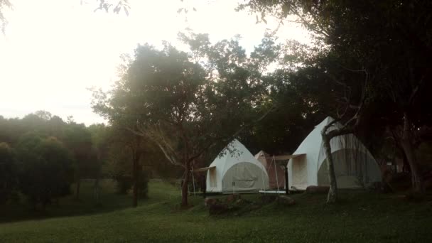 Glamping camping stan v lese za mlhavého letního rána, romantický výlet — Stock video