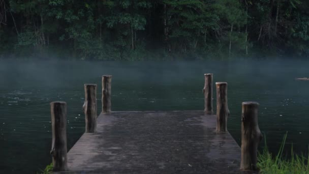 Wooden bridge river in mist on early morning. Wooden old pier at foggy lake — ストック動画