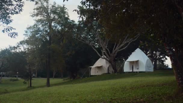 Outdoor camping canvas tents, sunrise light in green lawn. Camp site in forest — Wideo stockowe